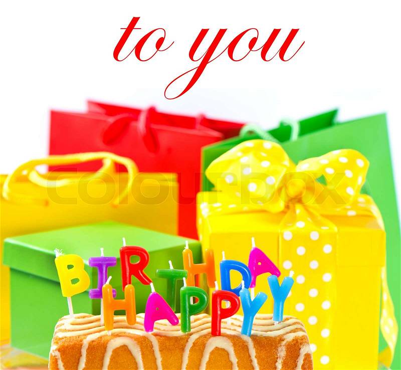 Happy Birthday To You! cake with letter candles, stock photo