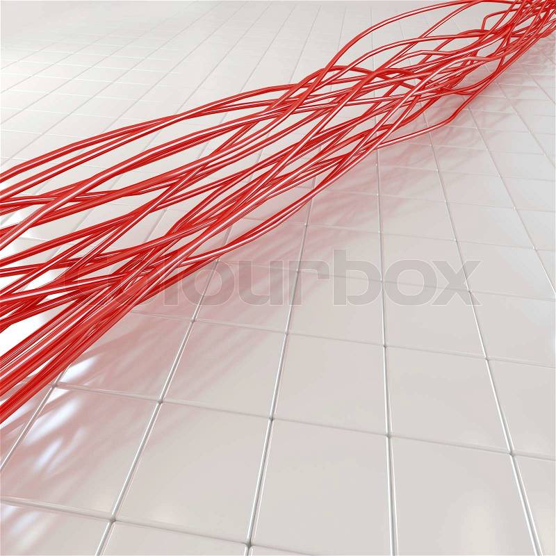 Red fiber optical cable over white tiled background, stock photo