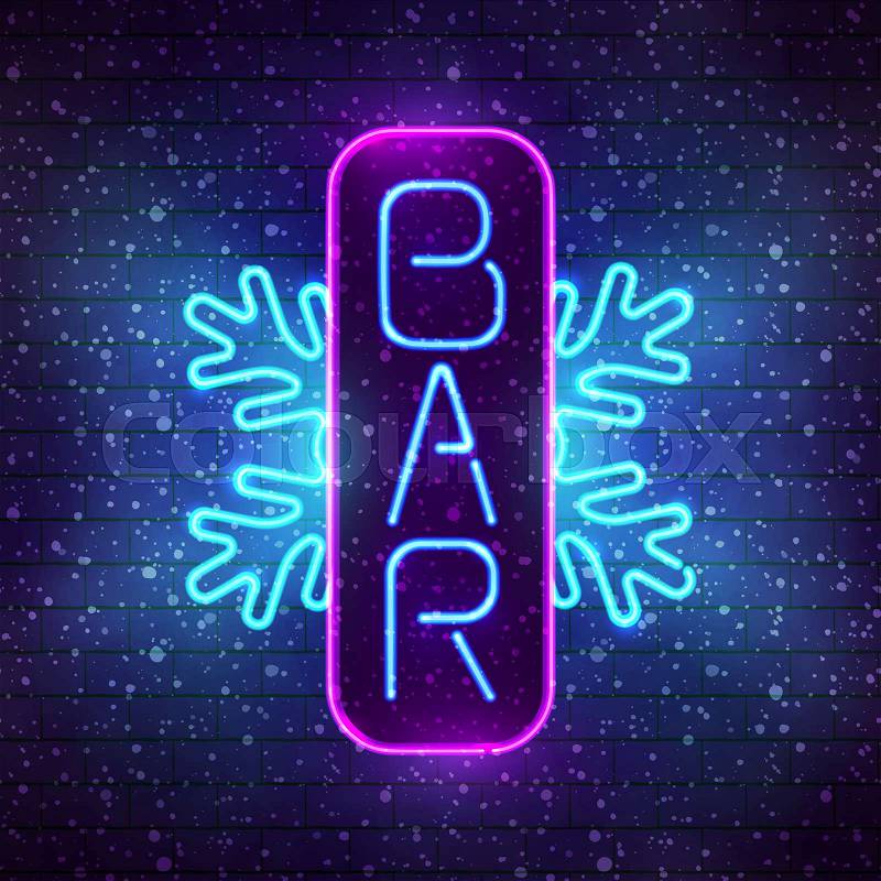 Radiating neon winter bar sign. Board with incandescent lamp snowflake, stock photo
