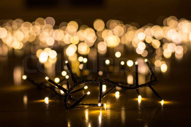 Fairy lights for the Christmas tree with blurry background close up, stock photo