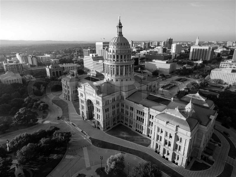 Aerial View of the Texas Capital building and Austin back to the University, stock photo