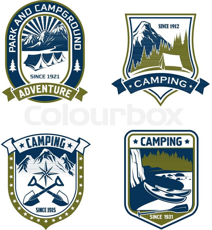Camping badge of mountain or forest camp adventure. Outdoor recreation or scout heraldic shield with campground park, tent, mountain river and forest tree landscape, adorned by ribbon banner and star, vector