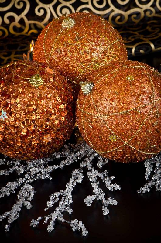 Christmas ball baubles with orange, silver and gold decoration, stock photo