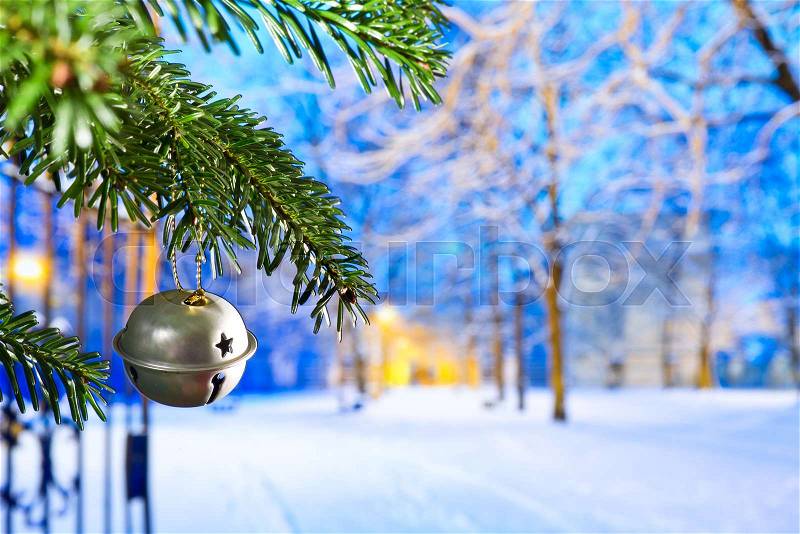 Christmas Bell with Christmas Twig in the Night, stock photo