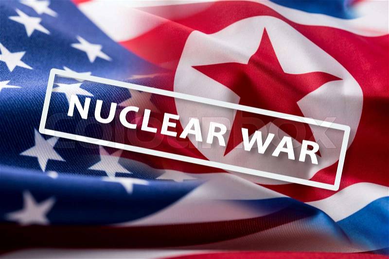 American and north korea flag. Ccolorful USA and North Korea flag waving in the wind. Text nuclear war, stock photo
