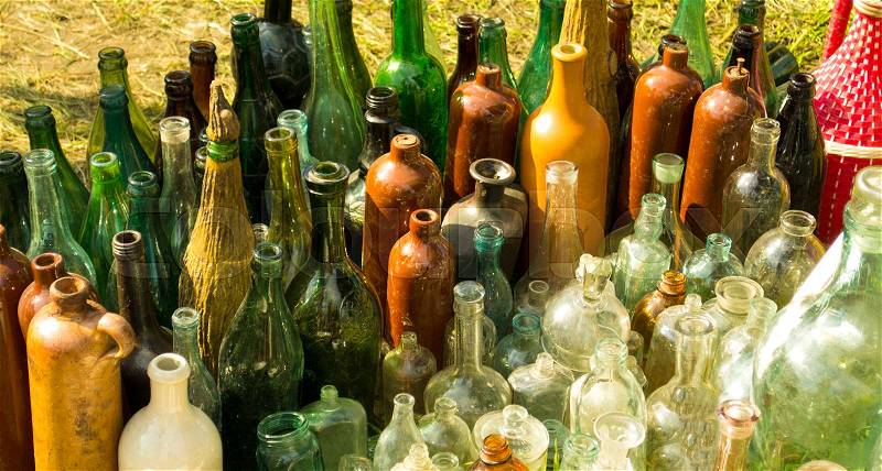 Old bottles. Colorful glass bottles, stock photo
