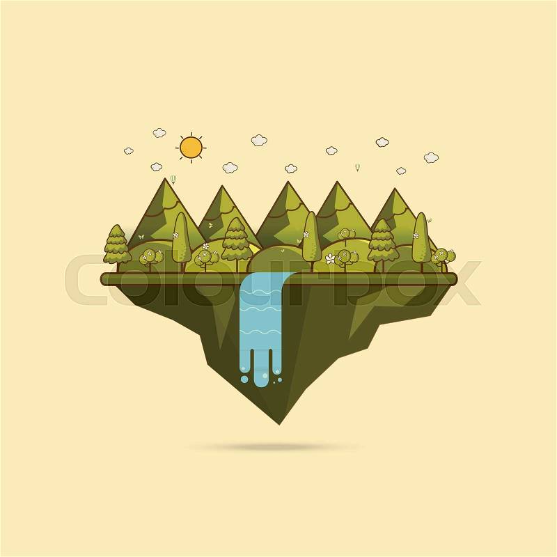Landscape illustration. Mountain river, waterfall, mountains, hills, and clouds. Flat design vector, vector