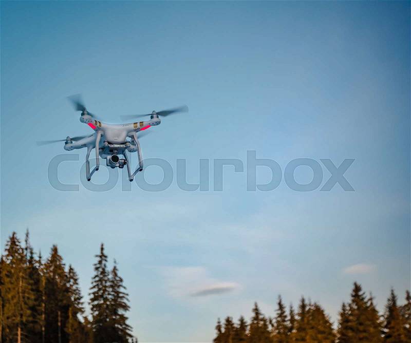 Modern Remote Control Air Drone Fly high with action camera in blue sky. Pine tree forest in the background, outdoor recreation. Modern technologies. Travel, hobby, inspiration, stock photo