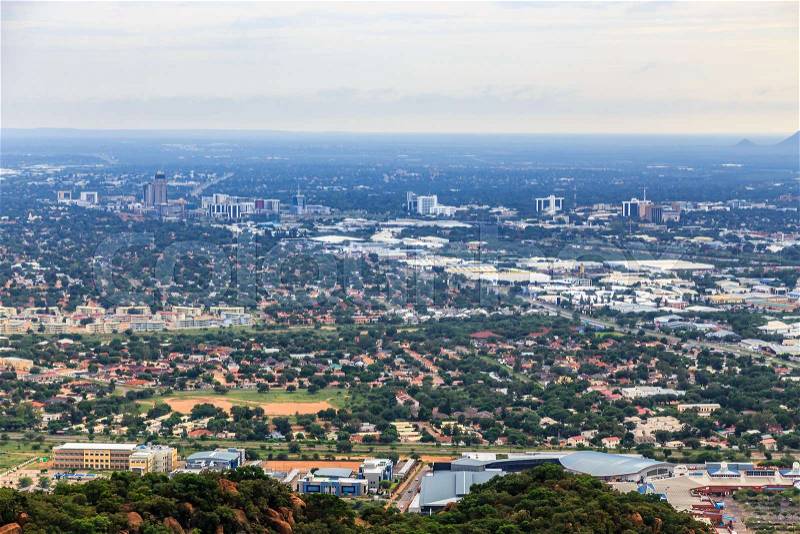 Aerial view of Gaborone city downtown spread out over the savannah, Gaborone, Botswana, Africa, 2017, stock photo