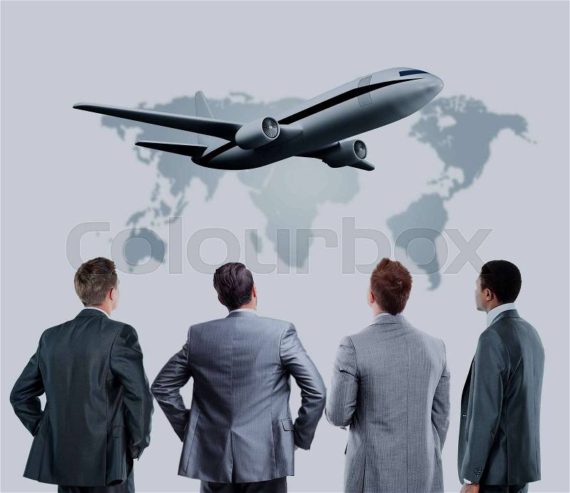 Four business mans from the back - looking at something over a white background, stock photo