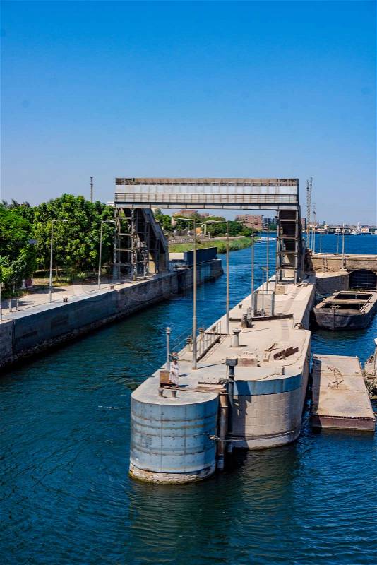 Esna dam on the Nile River, Egypt, stock photo