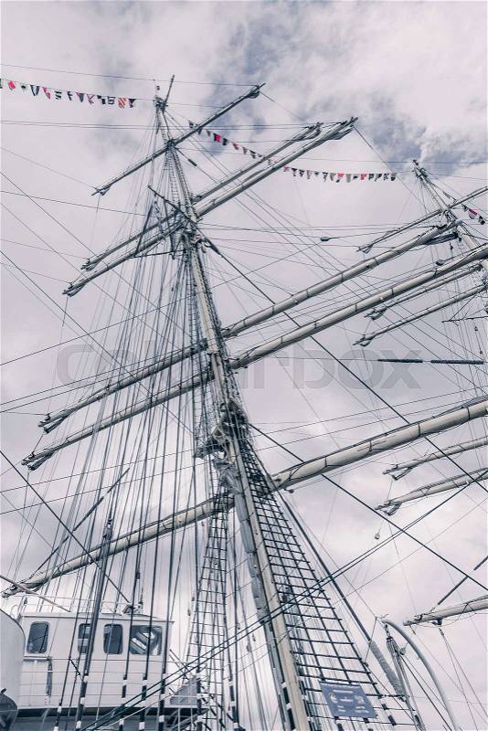 Old sailing ship mast. Tall ship rigging detail. Masts and rigging of a sailing ship, stock photo