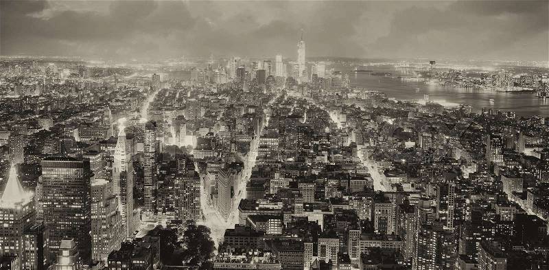 Night skyline of New York City in black and white, USA, stock photo