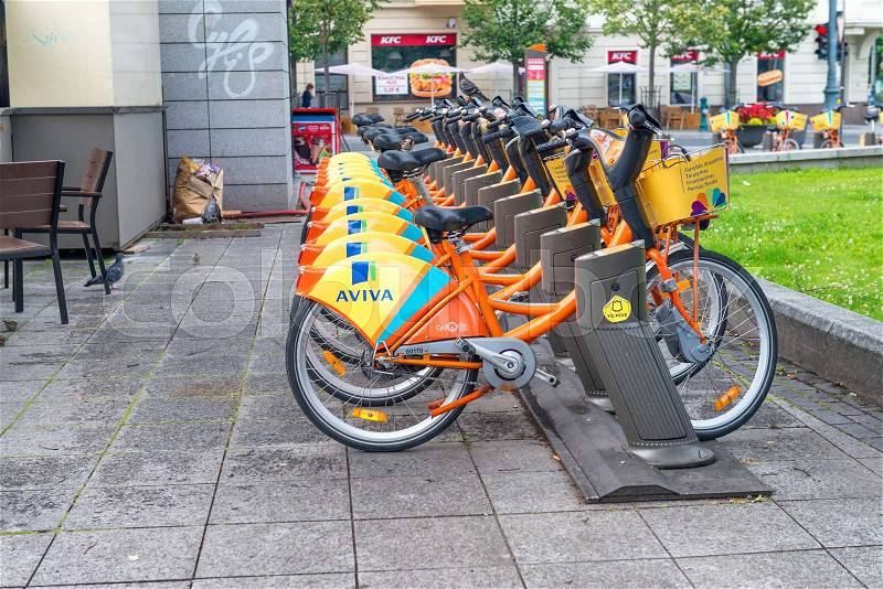 VILNIUS, LITHUANIA - JULY 9, 2017: City bike station near main square. Bike sharing is a good way to visit the city, stock photo