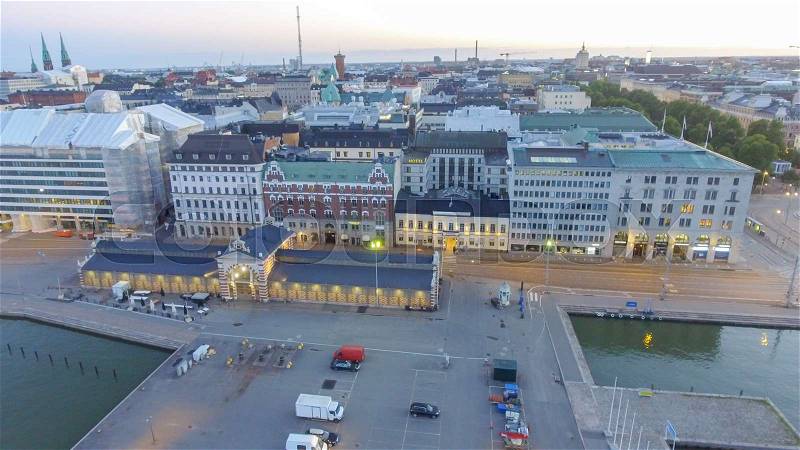 Helsinki port skyline aerial view, Finland, stock photo