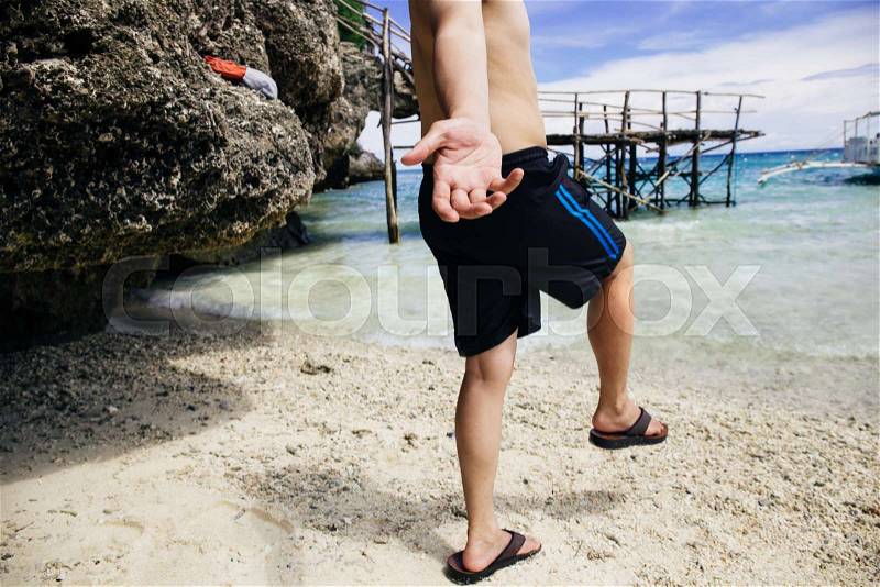 Young man asked woman to be guide and lead the way to travel for summer vacation, stock photo