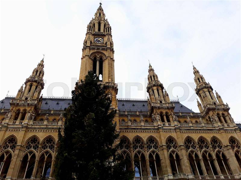 Vienna, Austria - December 16, 2017: Tall gothic building of Vienna city hall (Rathaus), stock photo