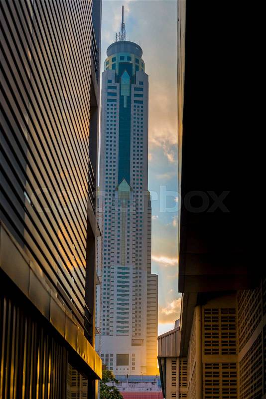 Unusual perspective, view of a skyscraper Bayok Sky in Bangkok, Thailand, stock photo