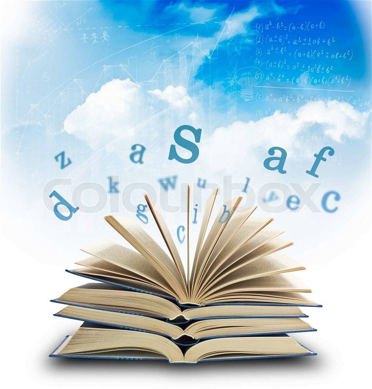 The Magic Book and the letters on a sky background Education concept, stock photo