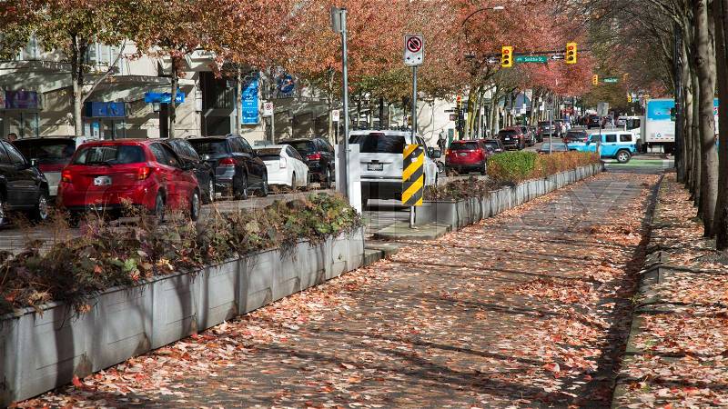 Autumn city cars road alley trees background Vancouver BC Canada Nov 2017, stock photo