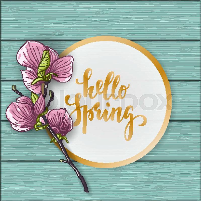 Flat lay style mother s day greeting card with flower magnolia twig on blue wooden table. Hello spring Hand drawn brush pen lettering. design holiday greeting card and invitation of wedding, birthday, vector