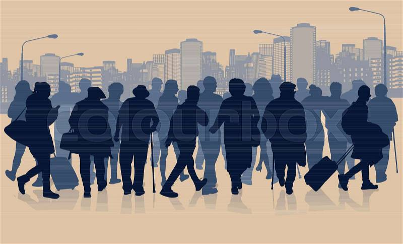 Huge crowd of people silhouette in the city landscape, vector illustration, vector