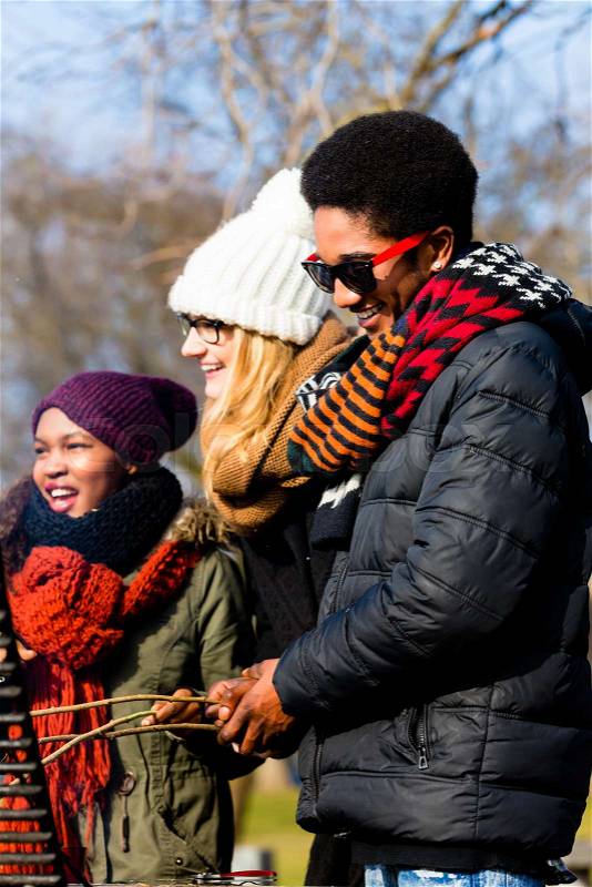 Multi-ethnic group of five young people having fun at barbecue in winter, stock photo