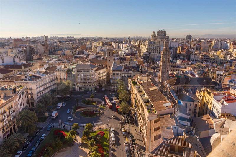 Panoramic View Over Historic Center of Valencia, Spain. Panoramic aerial view of cityscape, stock photo