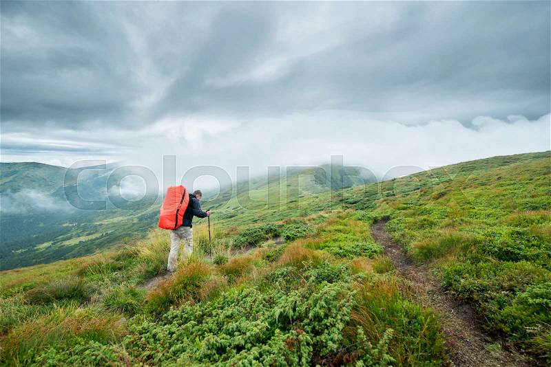 Traveler with trekking sticks and a backpack walks of the mountains in the clouds, stock photo