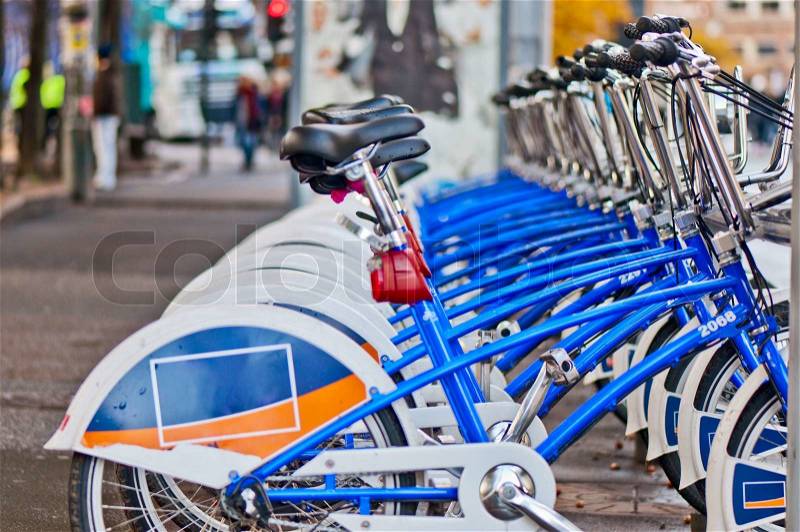 City bicycles in line Oslo, Norway, stock photo