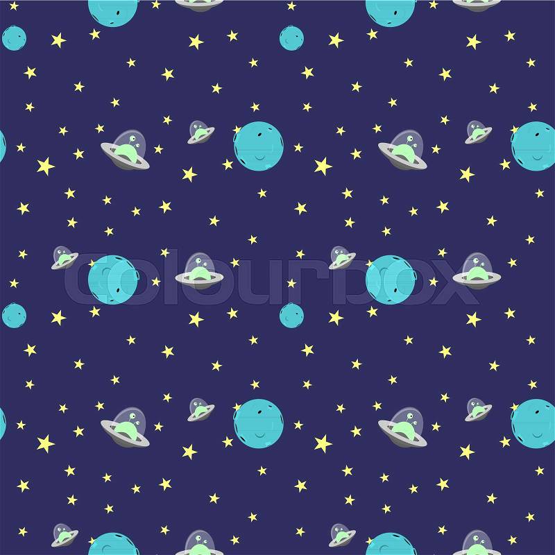 Abstract cosmos cartoon pattern. Vector seamless illustration with ufo, star and planet elements, vector