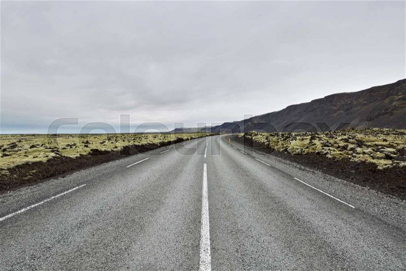 County roadway with orange roadside pillars between the green fields and mountains on the background of the cloudy sky in Iceland. Horizontal, stock photo