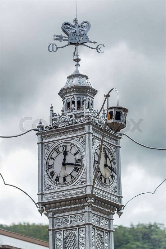 MAHE\', SEYCHELLES - SEPTEMBER 15, 2017: Famous city clock tower. The clock tower modeled on that of Vauxhall Clock Tower in London, England, stock photo