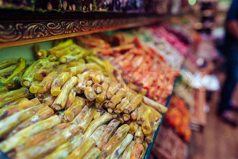 Turkish delight in Istanbul Grand Bazaar, Turkey, stock photo