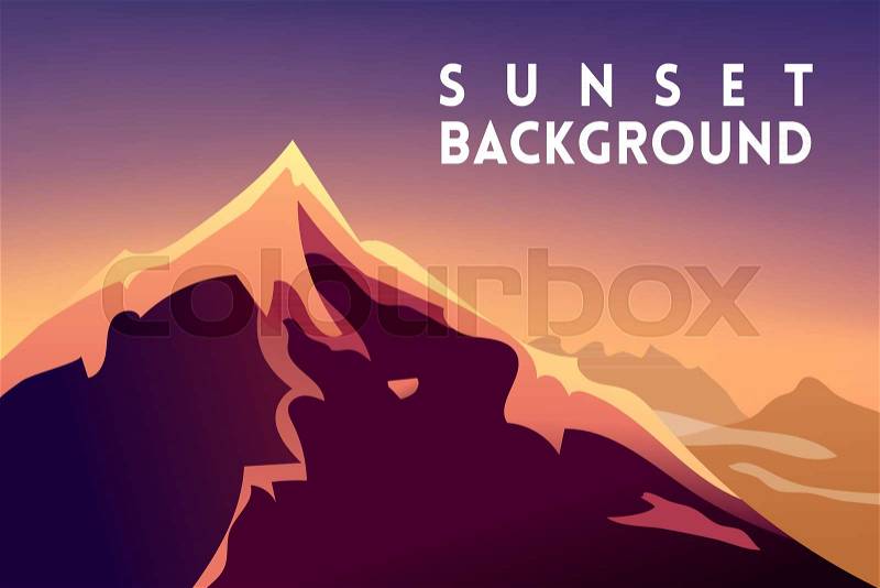 Sunset Mountain Landscape. Mountainous Terrain. Mountain Design. Vector Silhouettes Of Mountains Backgrounds. Sunset. Can Be Used For Banner, Flyer, Book Cover, Poster, Web Banners, vector