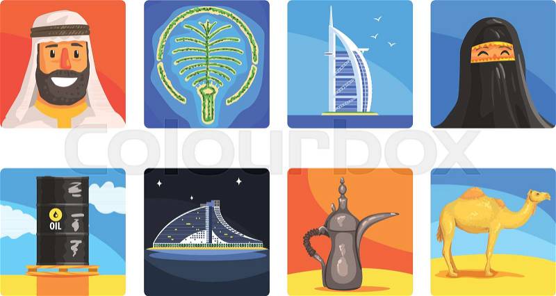 Famous Touristic Attractions To See In United Arab Emirates. Traditional Tourism Symbols Of Arabic Country Including Food, Architecture And Religious Habits. Set Of Colorful Vector Illustrations With Travelling Destination Well-Known Objects, vector
