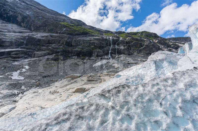 Glacier in good weather in Norway travel of summer tourism, stock photo