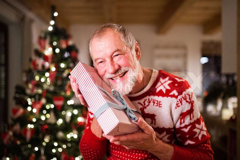 Senior man standing in front of illuminated Christmas tree inside his house holding a present, feeling pleased, stock photo
