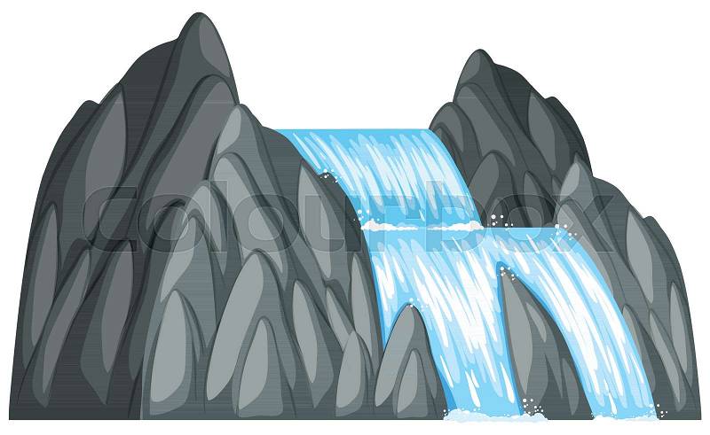 Waterfall down the rock illustration, vector