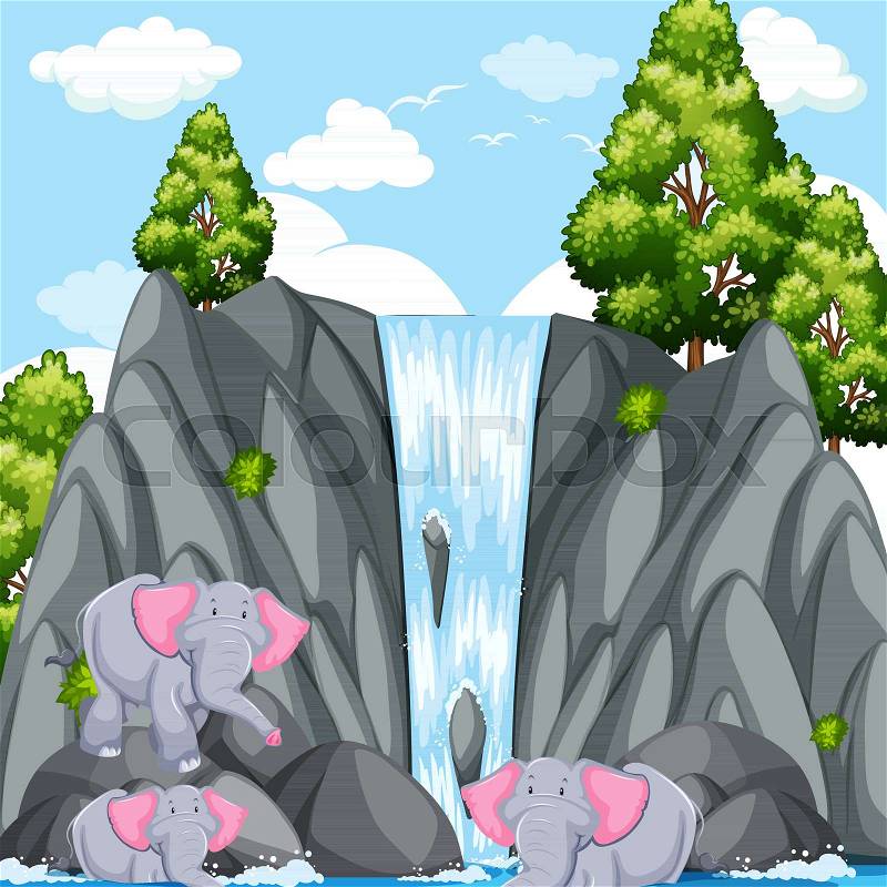 Scene with elephants at the waterfall illustration, vector