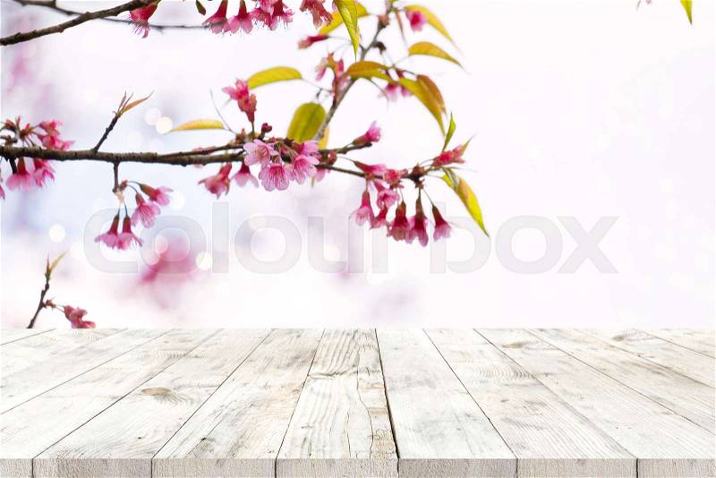Top of wood table empty ready for your product and food display or montage with pink cherry blossom flower (sakura) on sky background in spring season, stock photo