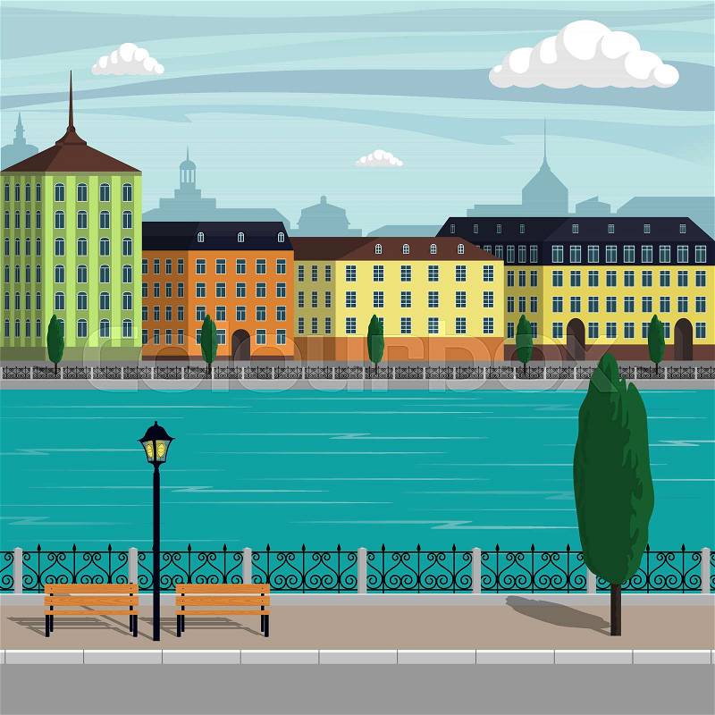 Vintage Europe city landscape illustration. City buildings along the river. Beautiful cartoon vector illustration, vector