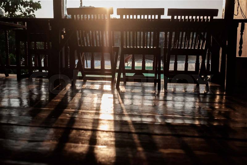 Empty summer morning cafe. Nobody inside. View on sunrise, stock photo