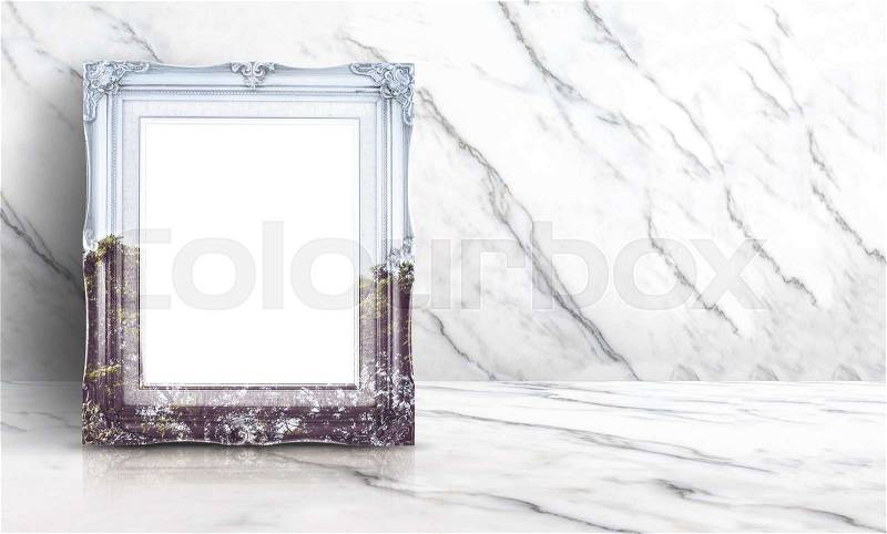 Blank double exposure nature view on vintage frame at white clean marble wall and floor background,Minimal simple style interior backdrop.mock up space for adding your text or design in banner, stock photo