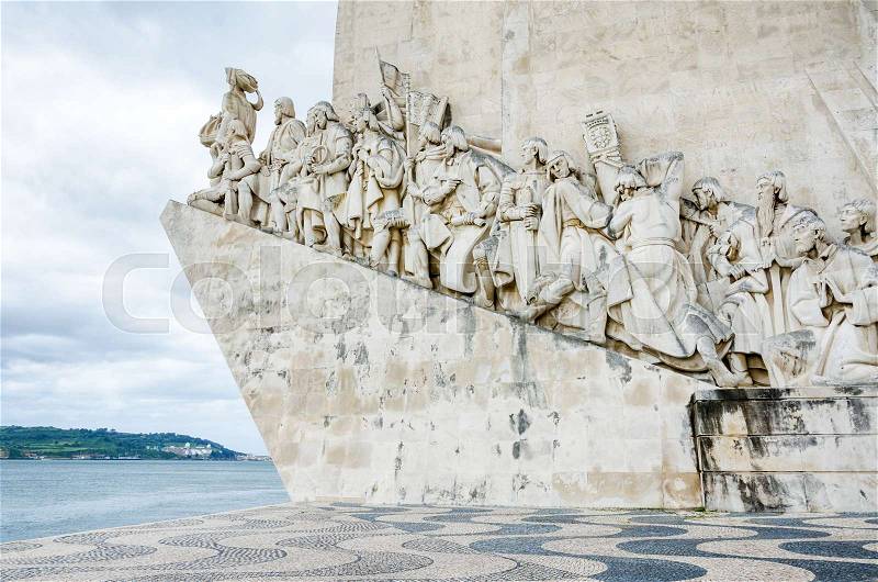 Monument to the Discoveries in Portuguese Padrao dos Descobrimentos monument on northern bank of Tagus River. Lisbon, Portugal, stock photo