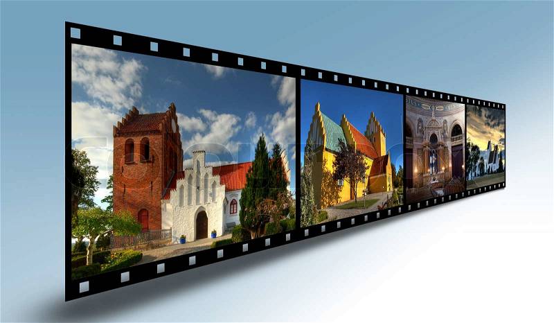 Filmstrip with Danish churches, stock photo
