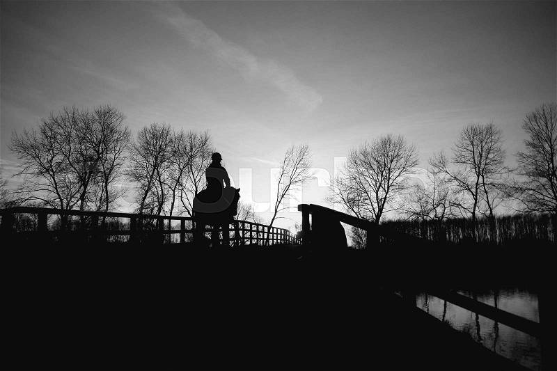 The female equestrian is walking with her horse over the wooden bridge at the countryside at sunset in the soft winter in black and white, stock photo