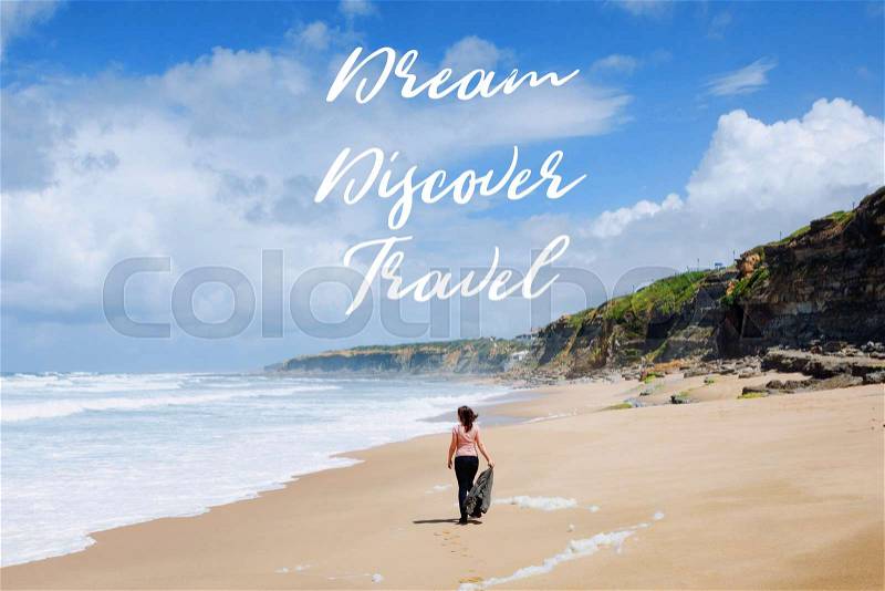 Travel quote, words Dream Discover Travel. Summer vacation happiness carefree joyful woman standing on sand enjoying tropical beach. Lonely traveler on the ocean coast, stock photo