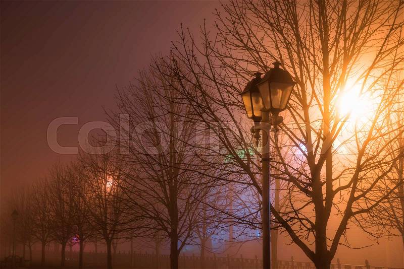 Fog in the city park at night by the light of street lamps during the thaw, street lamp close up, stock photo