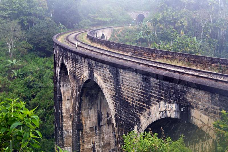 Arches Bridge in Demodara, Ella, railways Sri Lanka Mountain Palm landscape, stock photo